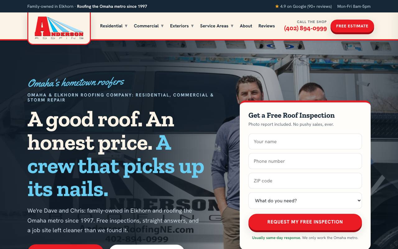 Anderson Roofing homepage screenshot