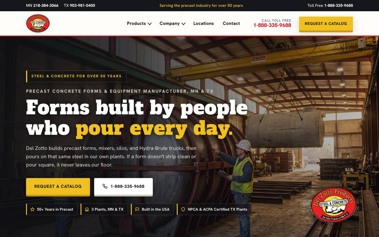 Del Zotto Products homepage screenshot