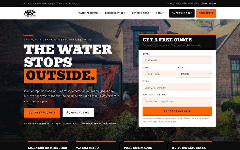 GRC Waterproofing homepage screenshot