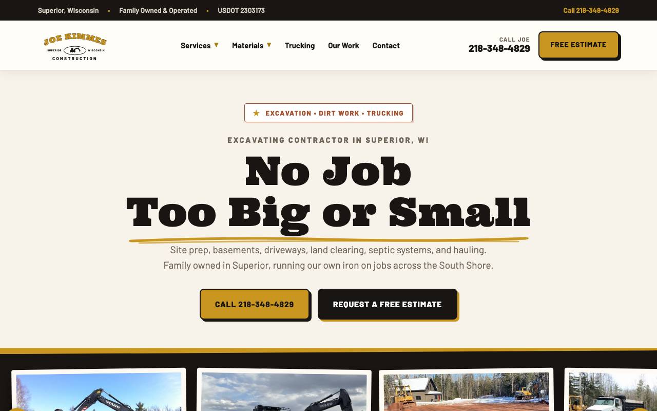 Joe Kimmes Construction homepage screenshot