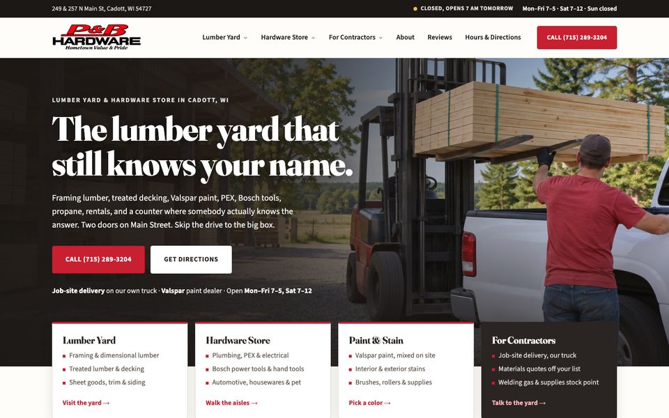P&B Lumber & Hardware homepage screenshot