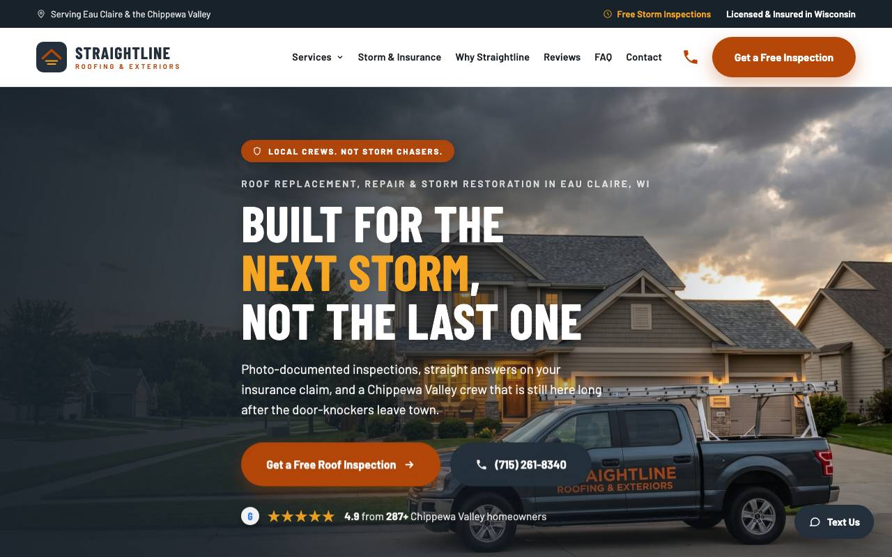 Straightline Roofing & Exteriors homepage screenshot