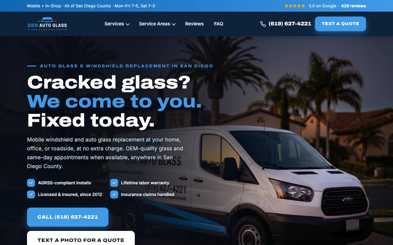 Zico Auto Glass homepage screenshot