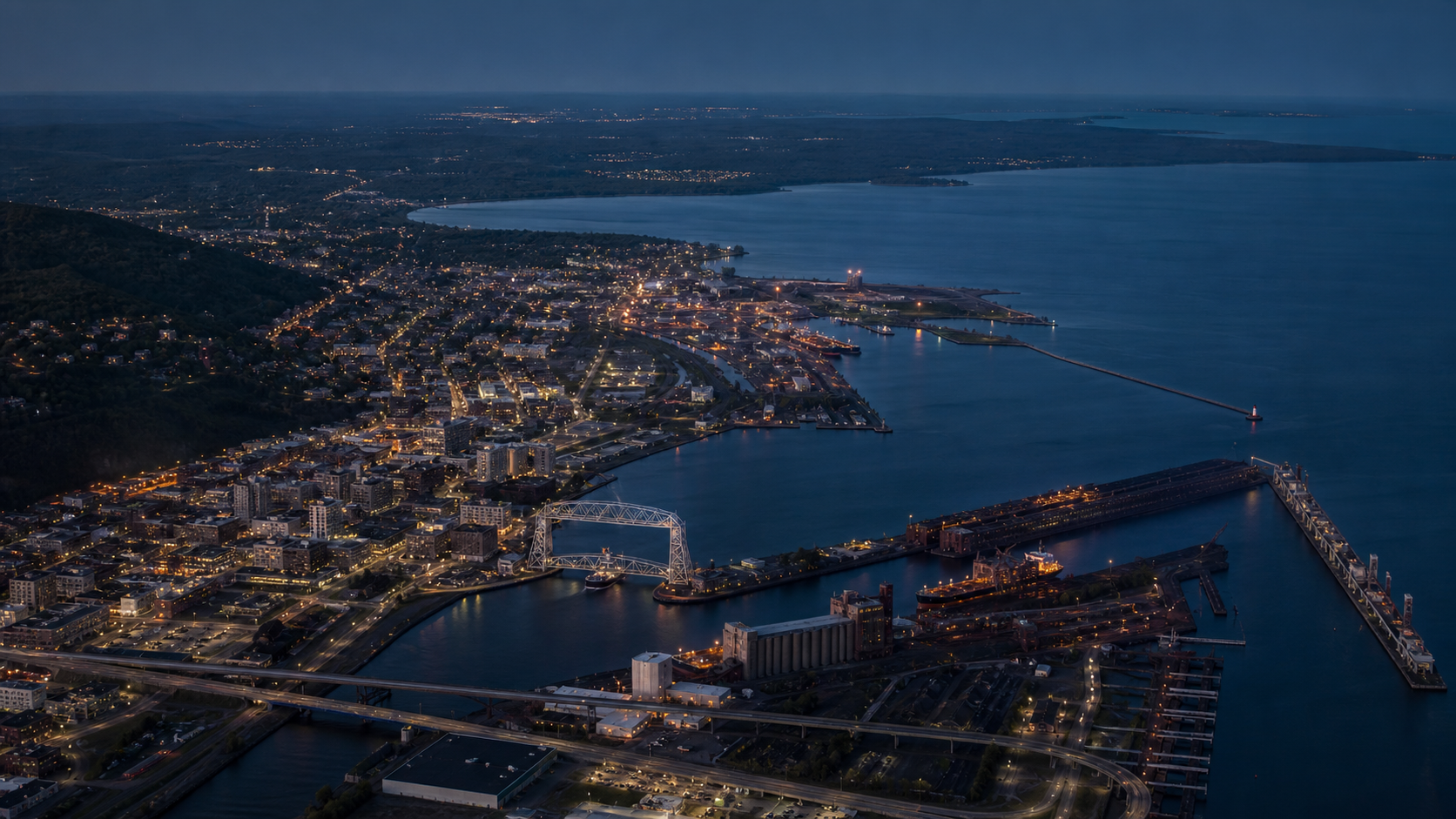 Concept aerial view of the Duluth-Superior Twin Ports harbor and surrounding Northland