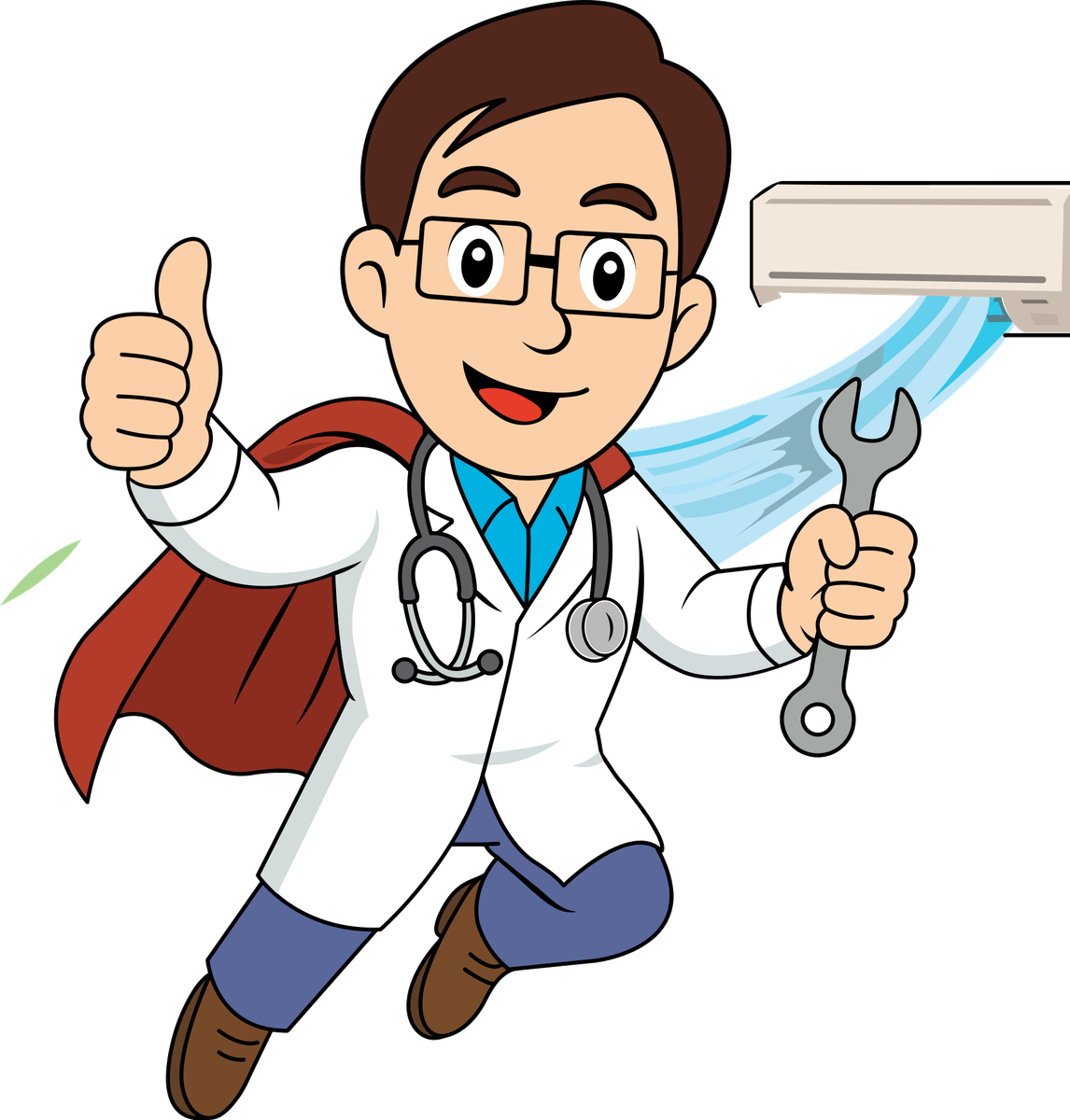 Dr. Chill, the Air Doctorx mascot, flying in with a wrench