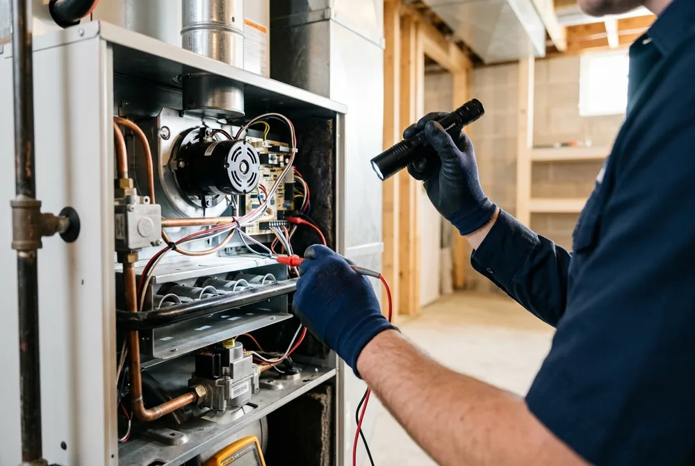 A technician's gloved hands checking a gas furnace with a flashlight and multimeter