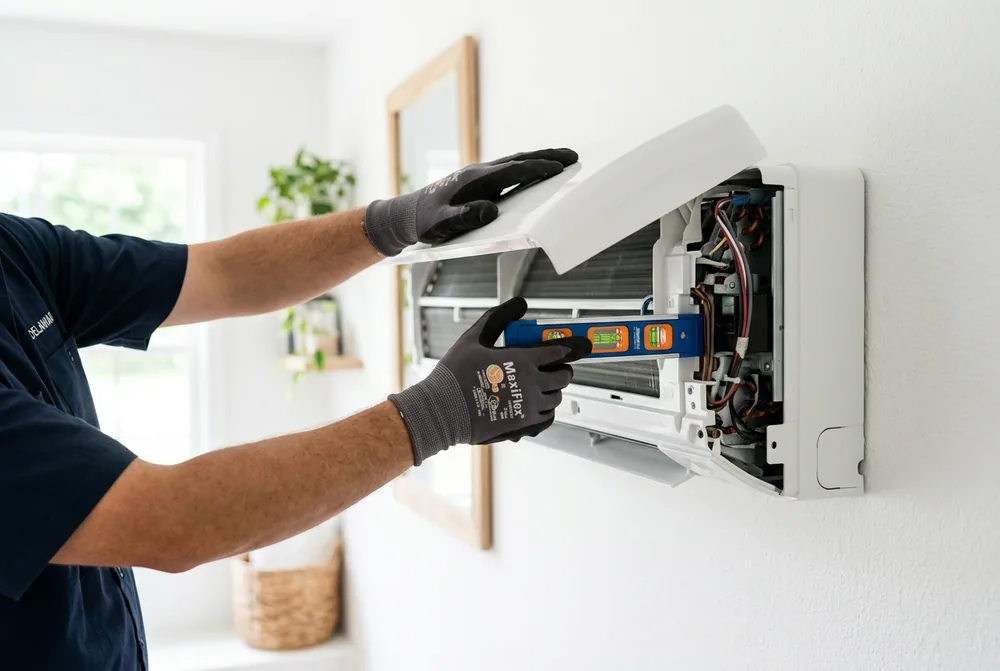 A technician levelling a wall-mounted ductless mini-split head in a bright living room