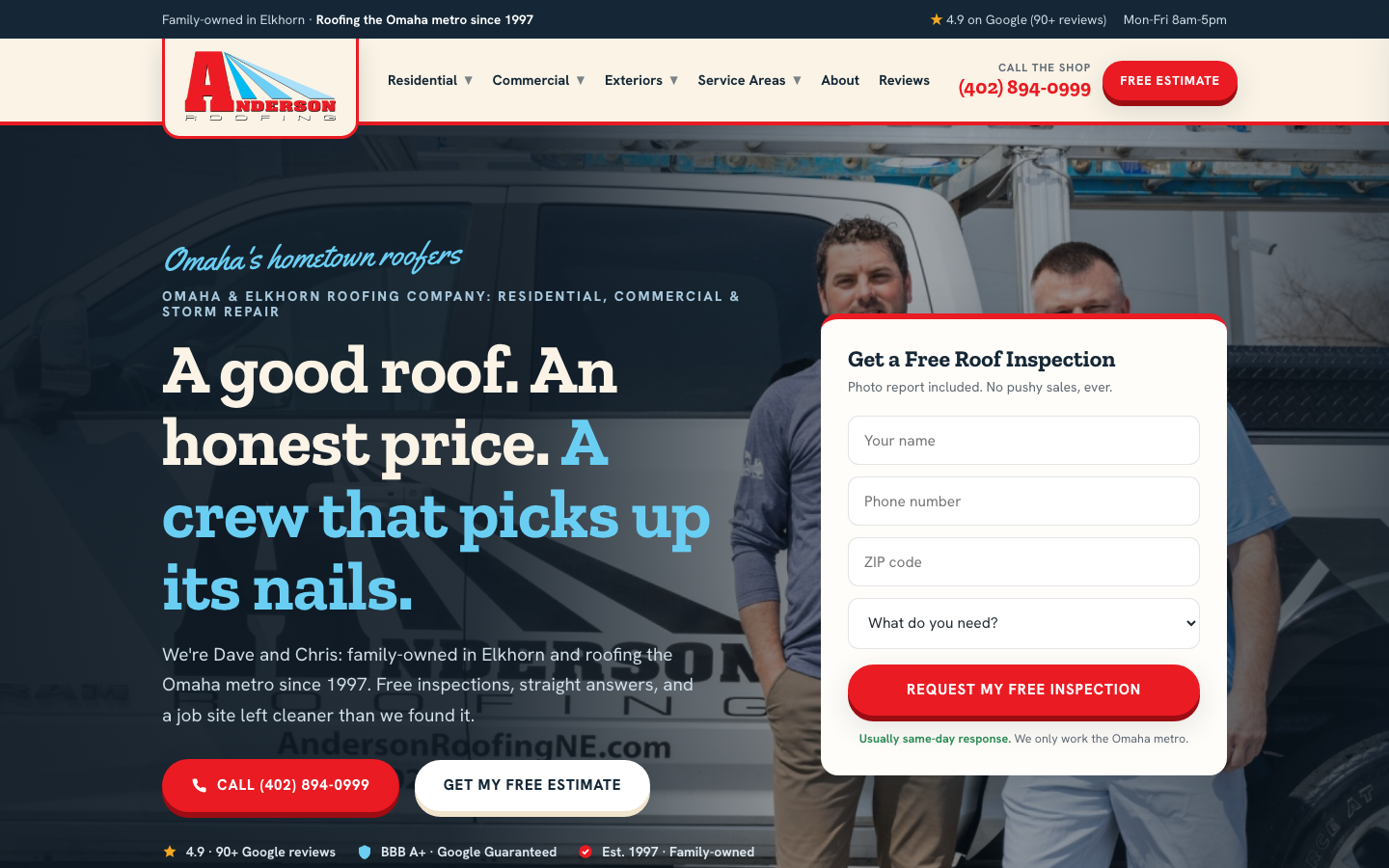 Anderson Roofing desktop hero