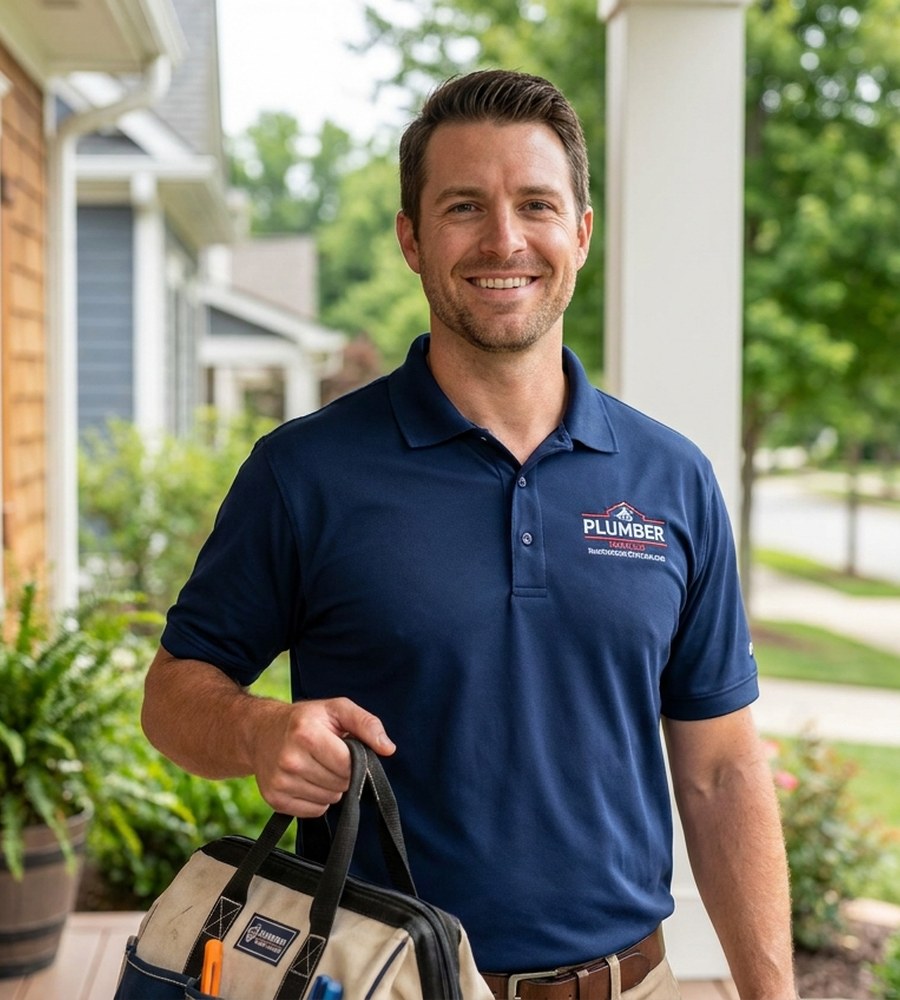 Friendly licensed AX Plumbing technician at a customer's home