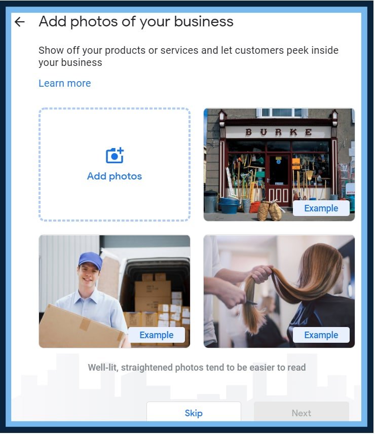 Google Business Profile photo upload screen, with an add photos tile beside example images