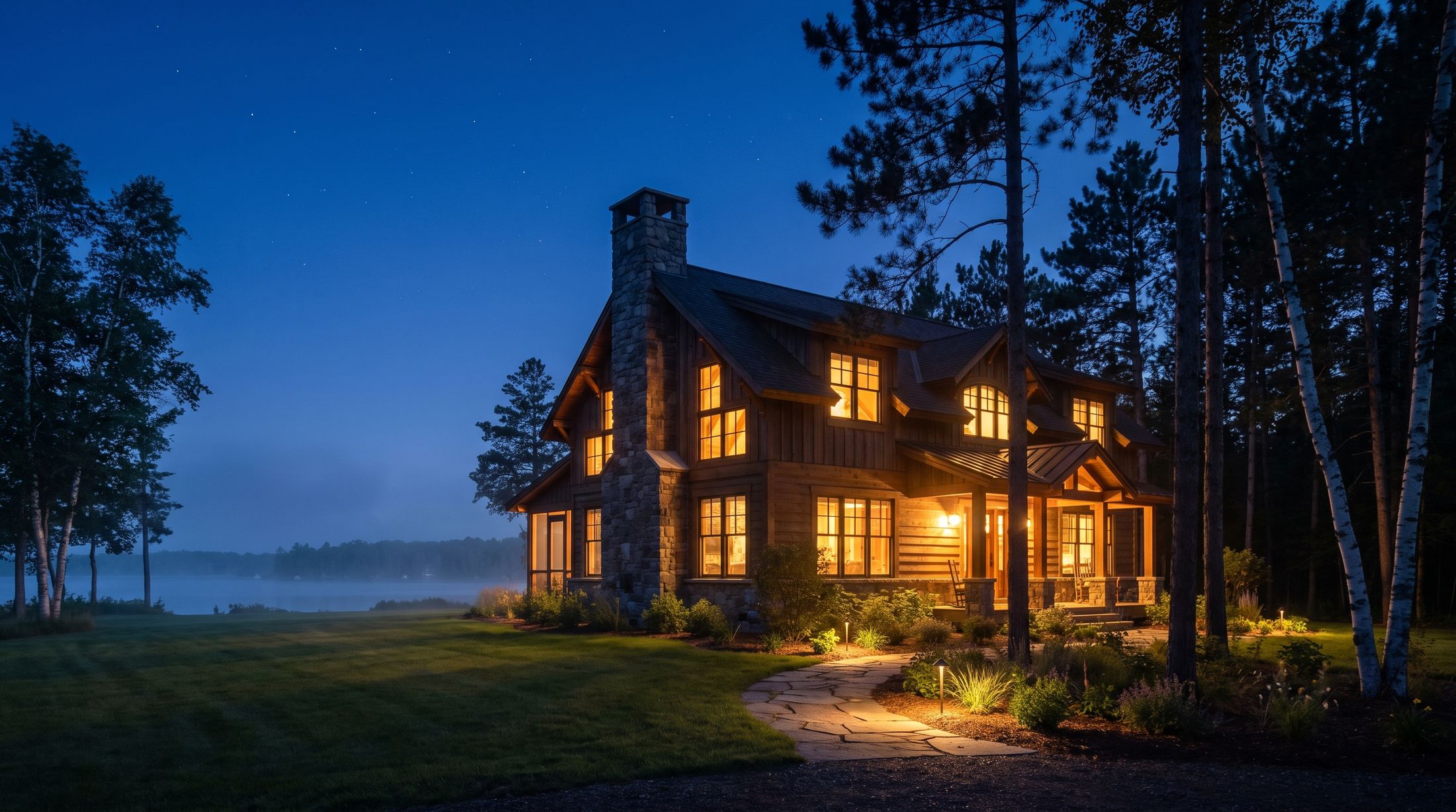 Northland home glowing with warm light at dusk