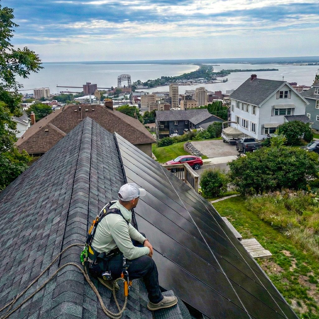 Benson Electric technician on a roof with solar panels overlooking the Duluth Aerial Lift Bridge