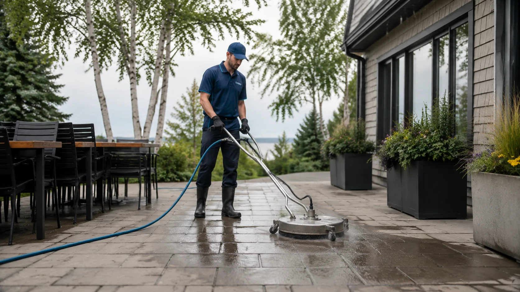 Technician surface cleaning a restaurant patio before opening