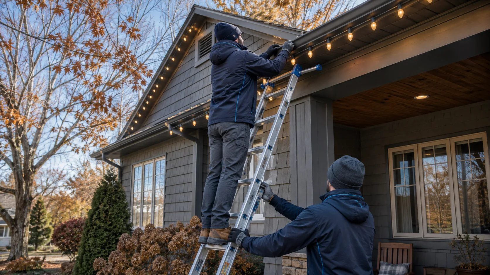 Two-person crew installing warm white roofline lights with a stabilized ladder