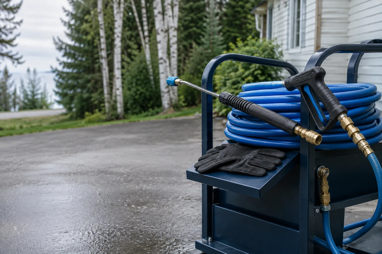 Professional exterior-cleaning hoses and equipment prepared for a home service visit