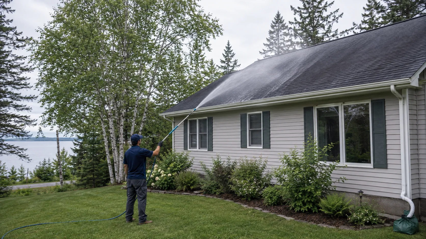 Ground-based technician applying a low-pressure treatment to a Northland roof