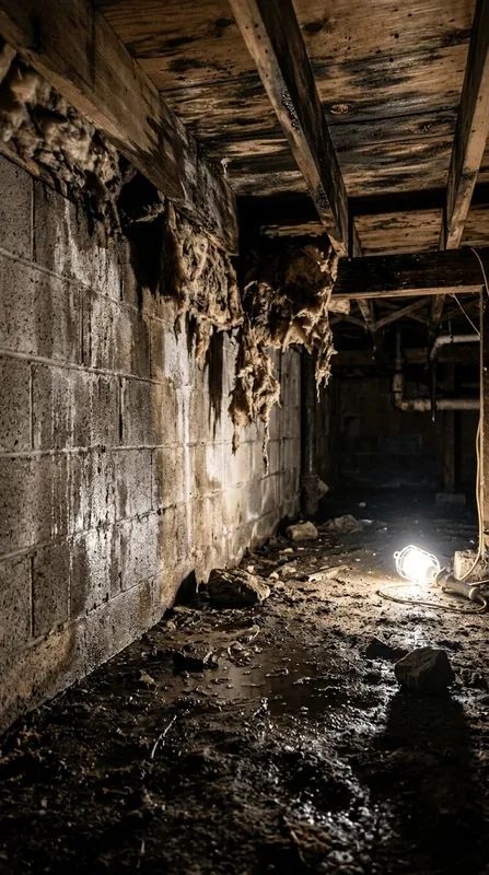 Damp, moldy crawl space before treatment