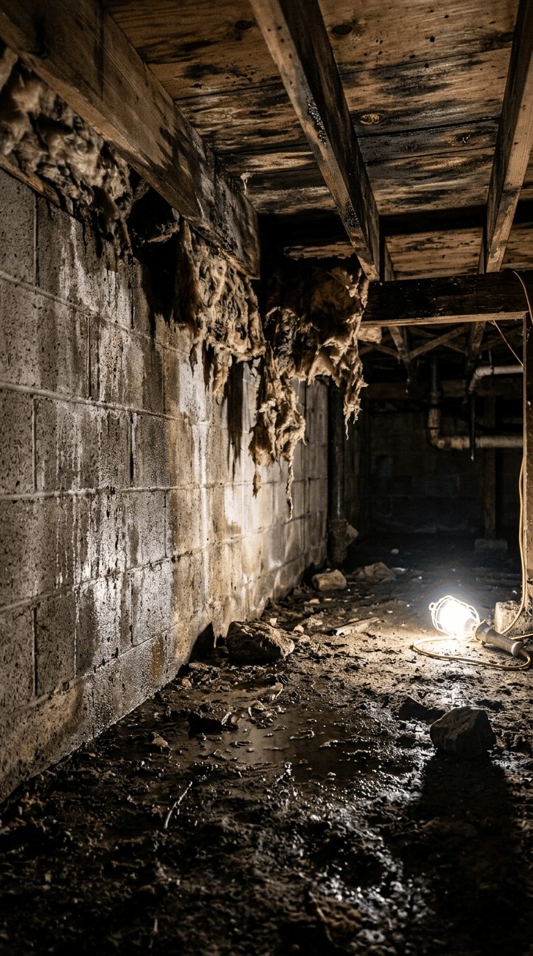 Damp, moldy crawl space before treatment