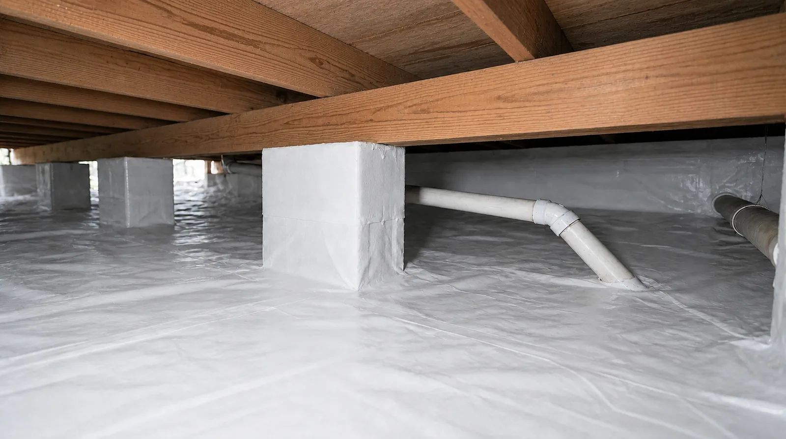 The same crawl space fully encapsulated, dry and sealed