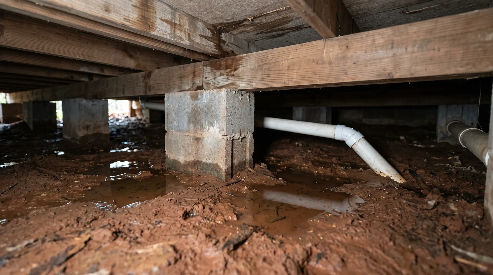 Standing water and mud under the same Georgia home before treatment