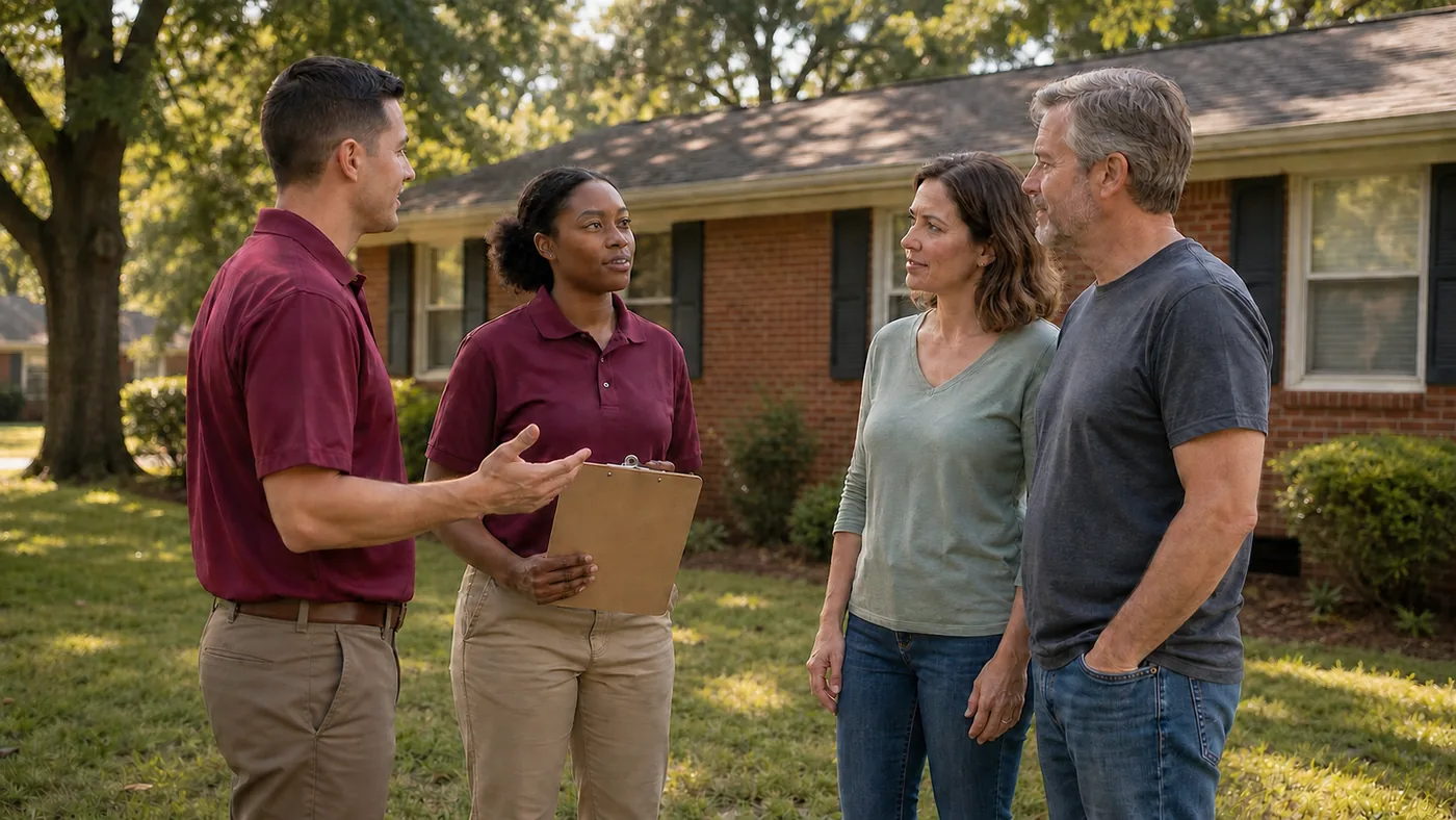 Crawl Space Doctors technicians talking through an inspection with homeowners in the front yard
