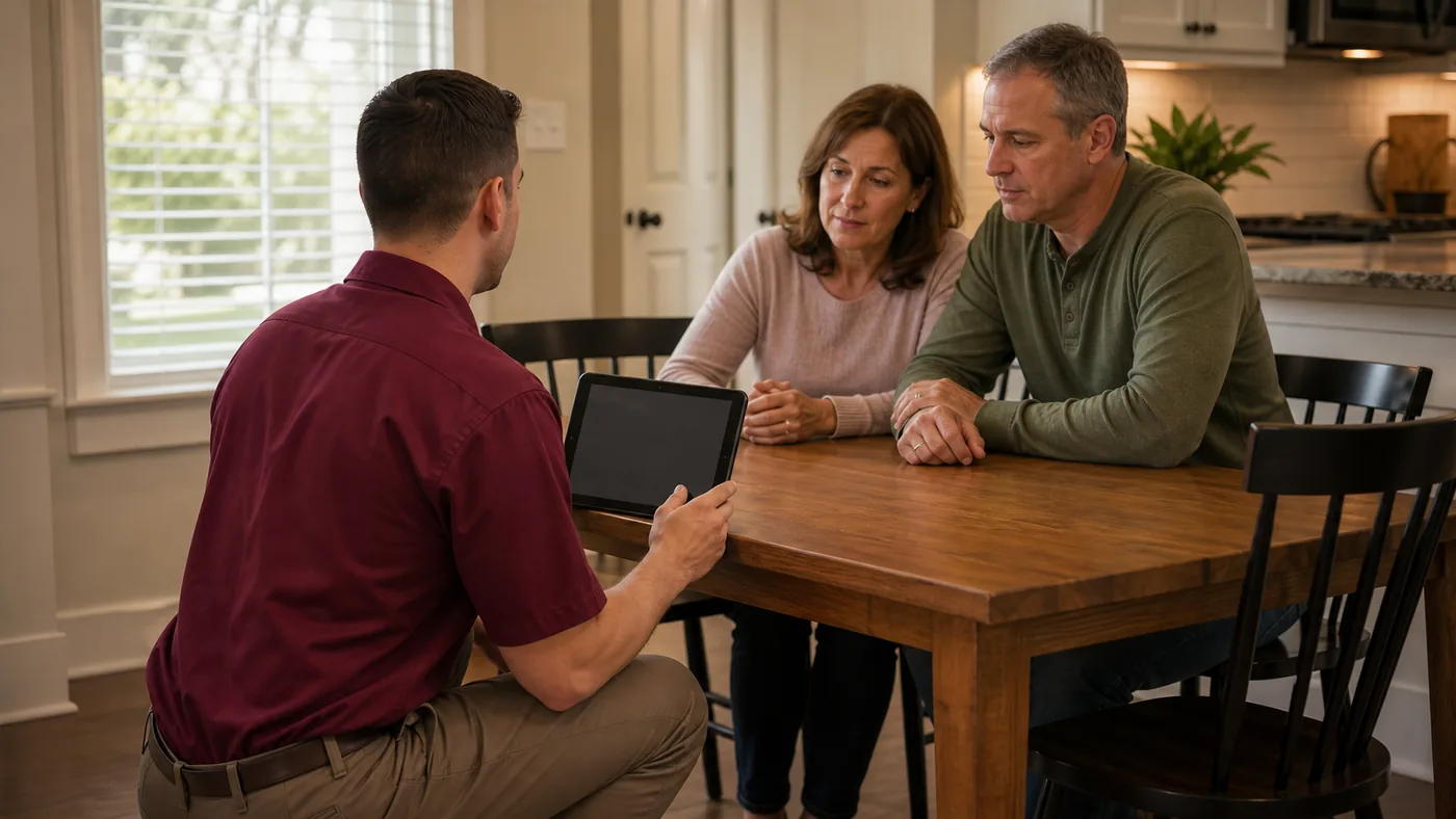 Crawl Space Doctors technician walking homeowners through crawl space photos at their kitchen table