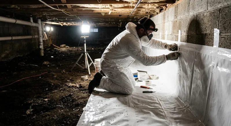 Technician installing vapor barrier during encapsulation