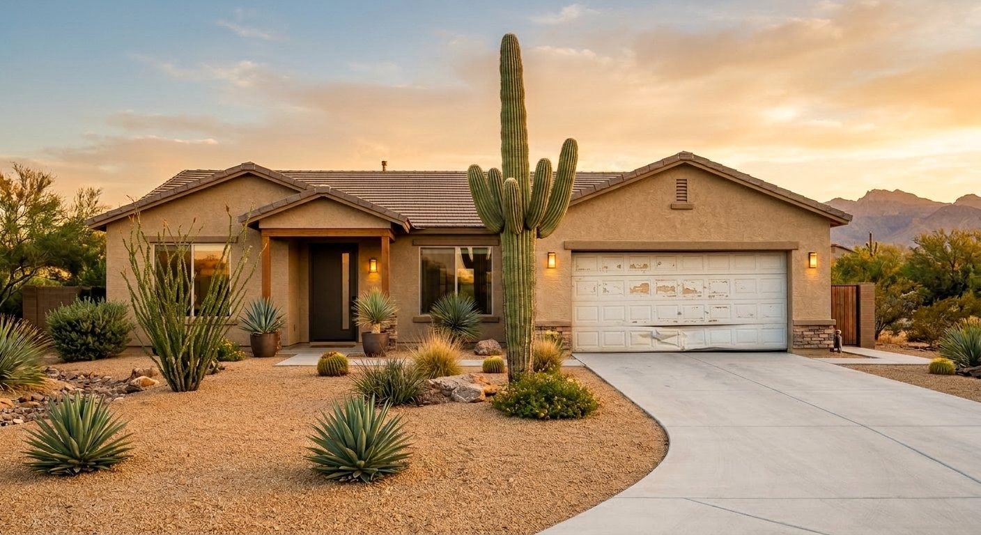 Concept visualization: Phoenix home with an old dented faded garage door