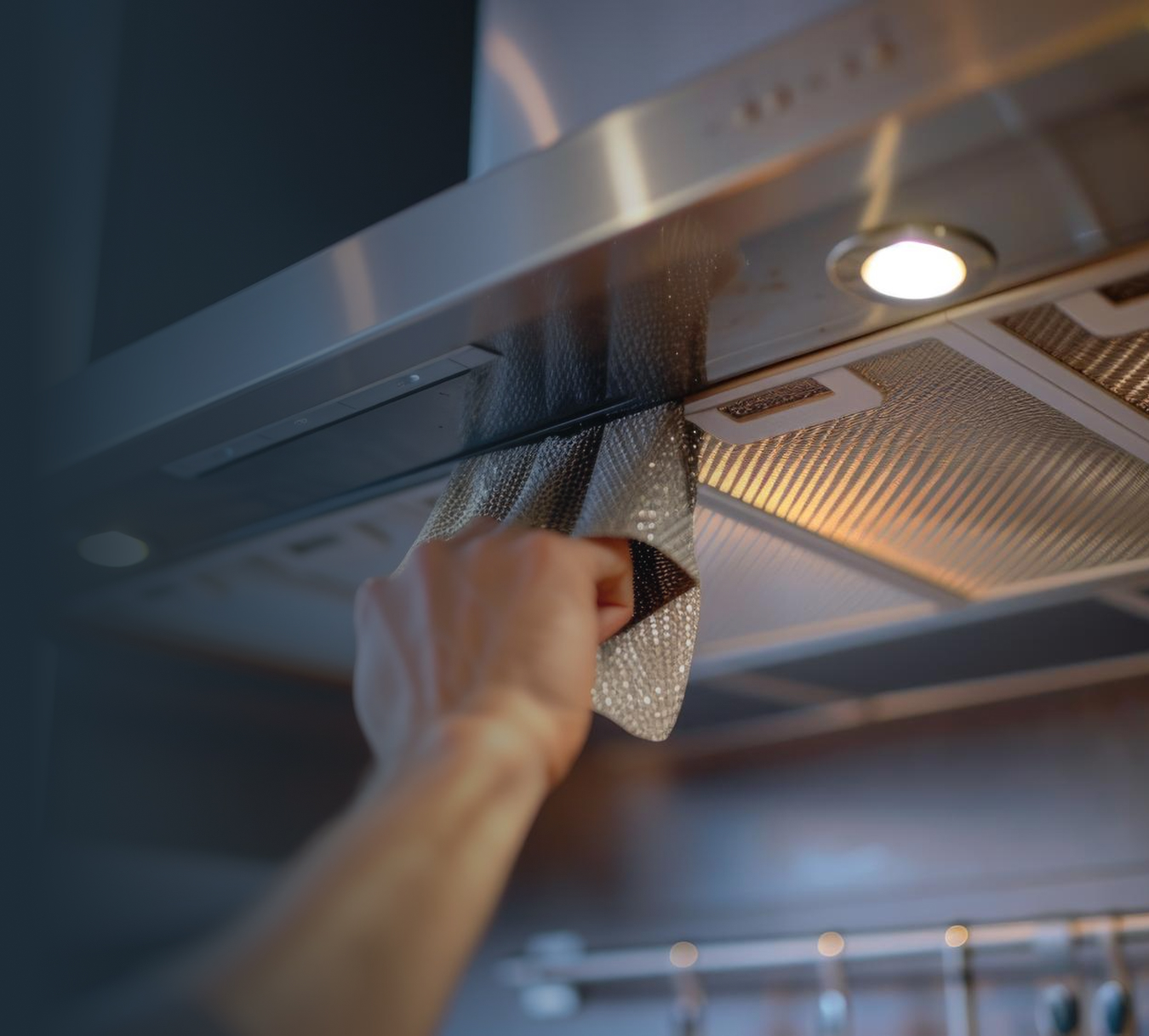 Close-up of a technician cleaning a commercial hood filter