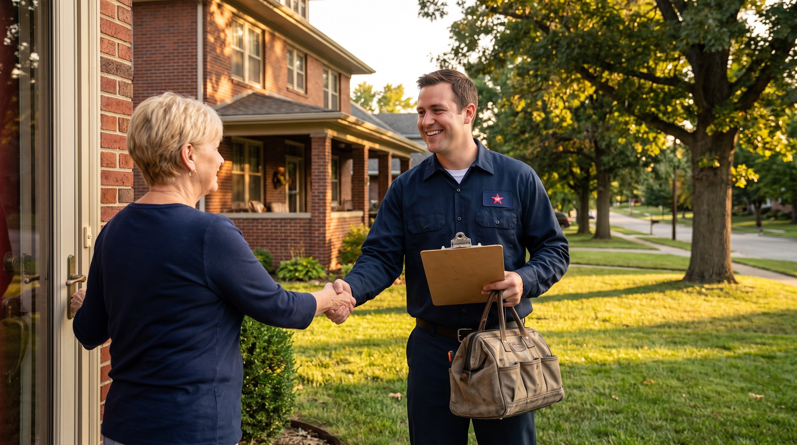 Fred's Heating and Air technician greeting a homeowner at the door of an Omaha brick home