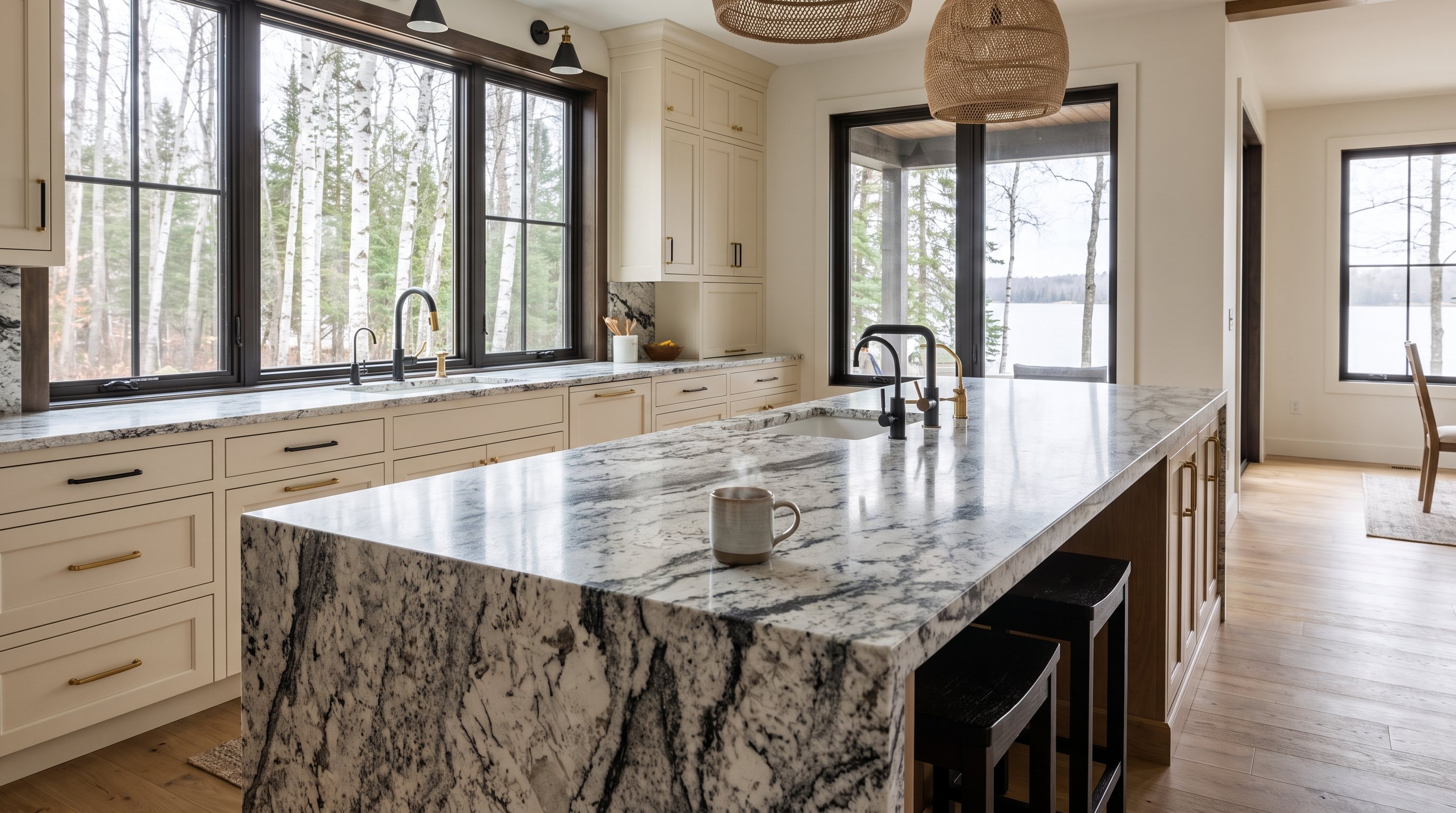 A dramatic granite waterfall island in a premium Northland kitchen with birch trees outside the windows