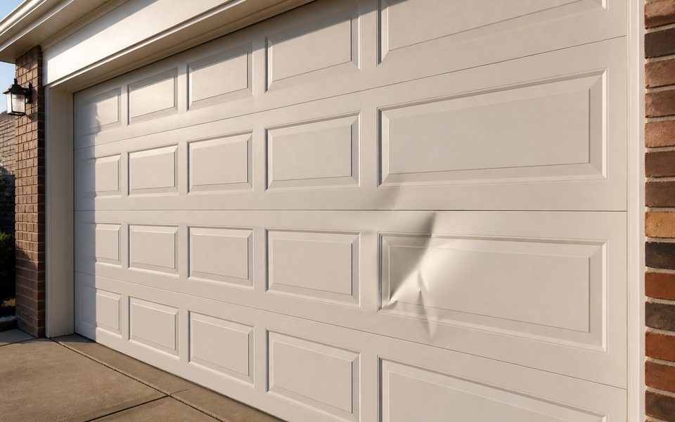 Dented panel on a residential garage door needing panel replacement