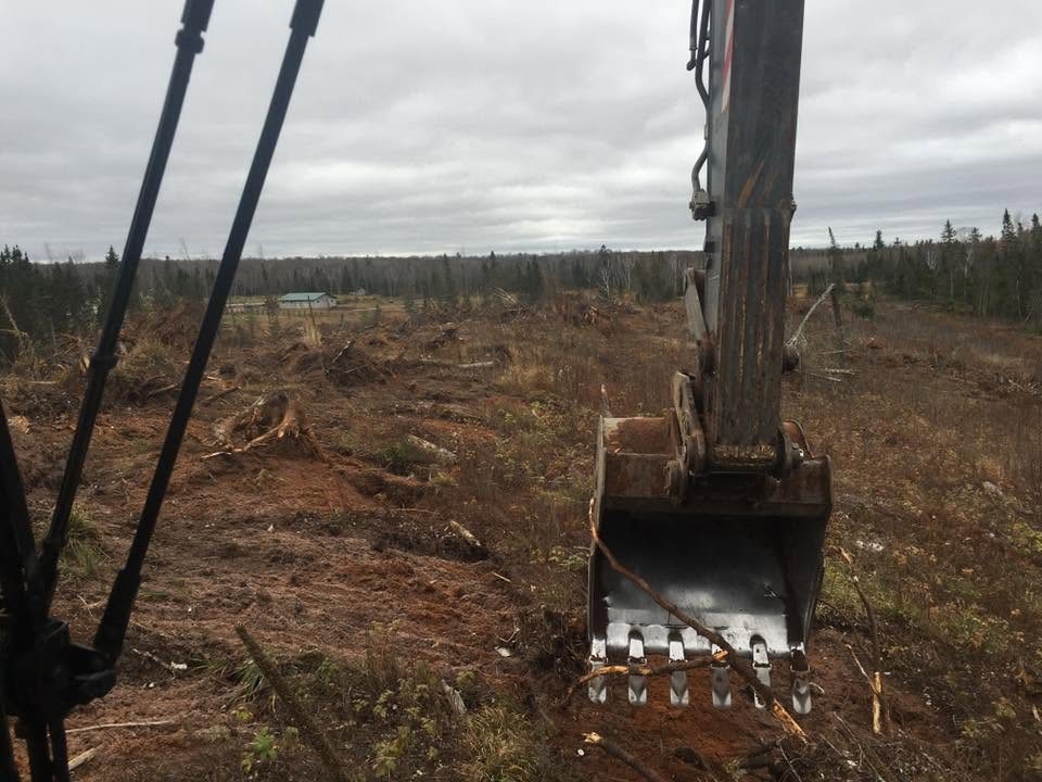 Cleared lot with excavator working through brush