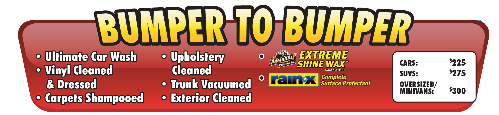 Real Miller Mall Car Wash Bumper to Bumper menu card