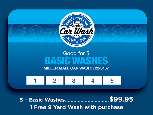 Miller Mall Car Wash 5 Basic Washes value pack punch card, $99.95