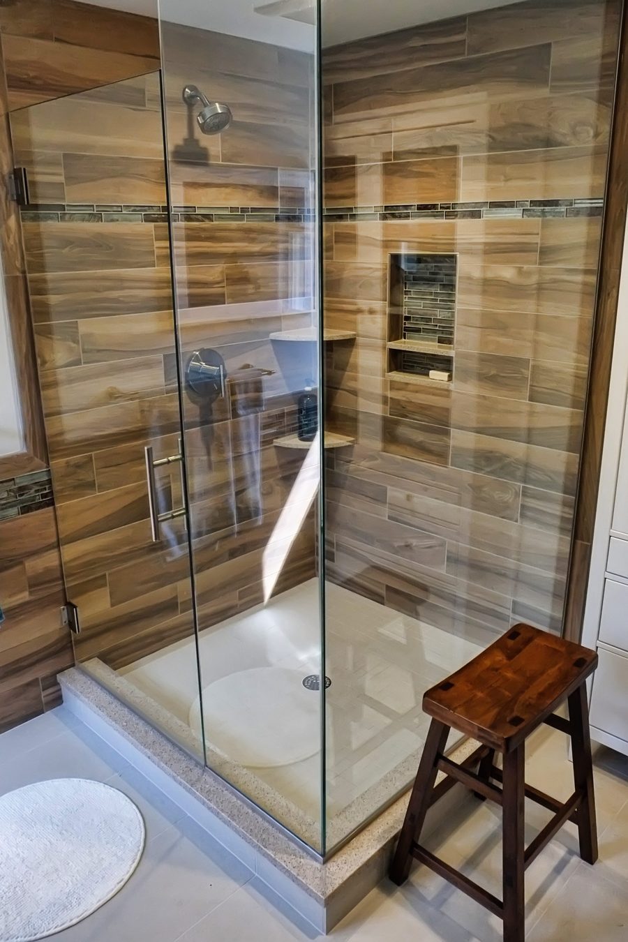 Walnut and glass custom shower