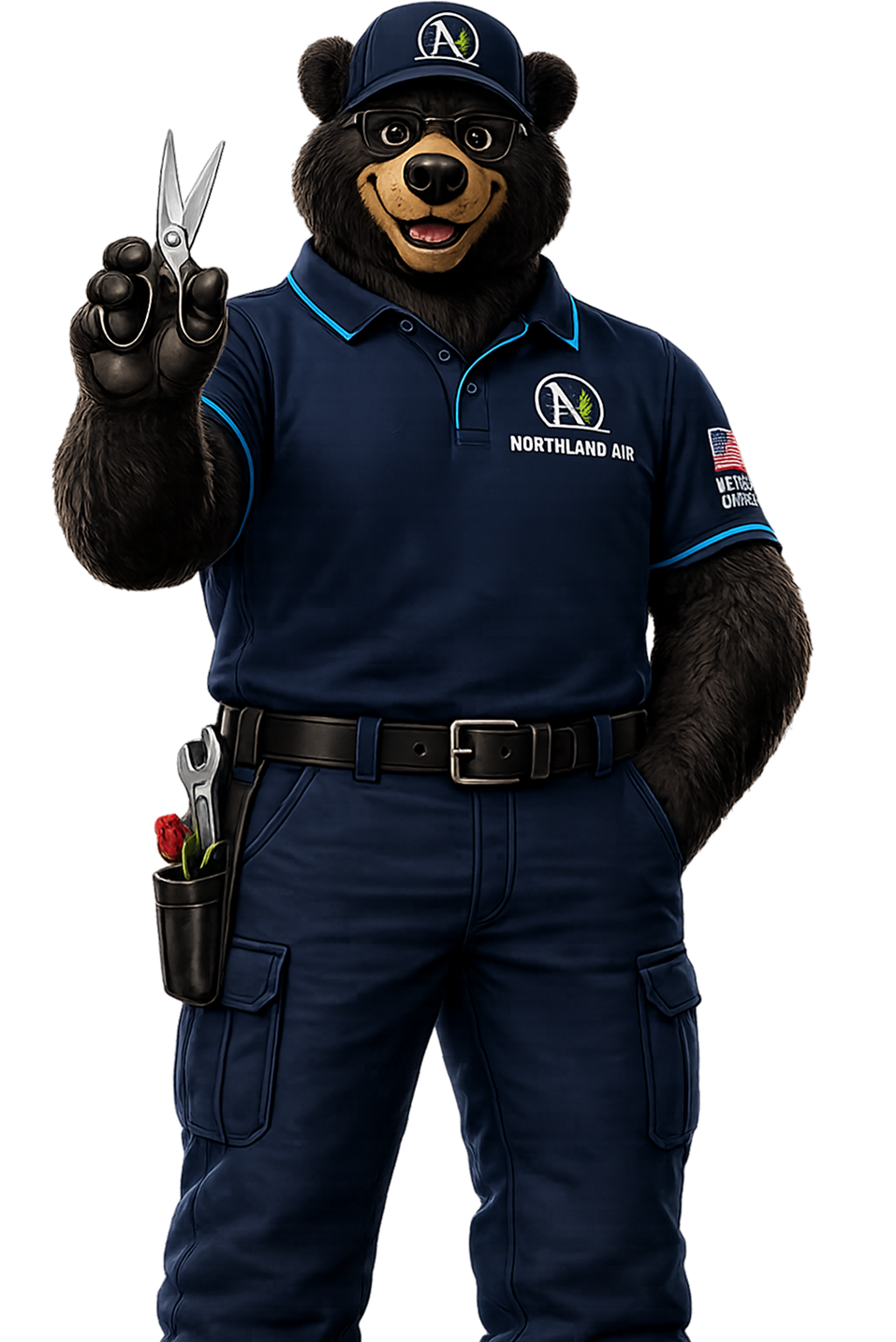 TJ, the Northland Air bear mascot in a company polo and cap