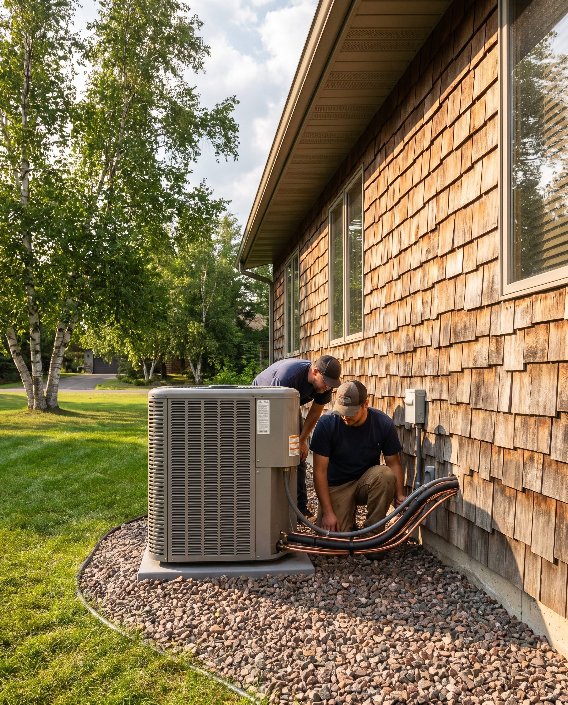Outdoor AC condenser install beside a Duluth home