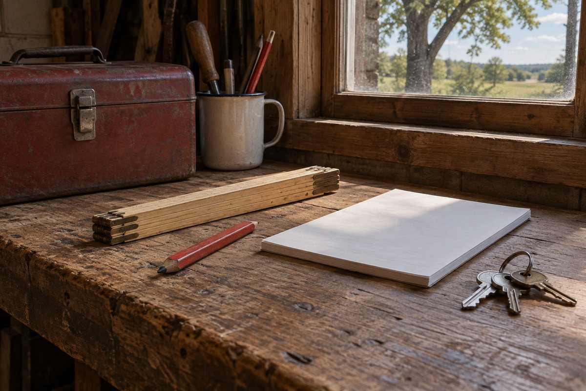 A folding rule, a carpenter&rsquo;s pencil, a paper pad and a ring of keys on a worn wooden counter