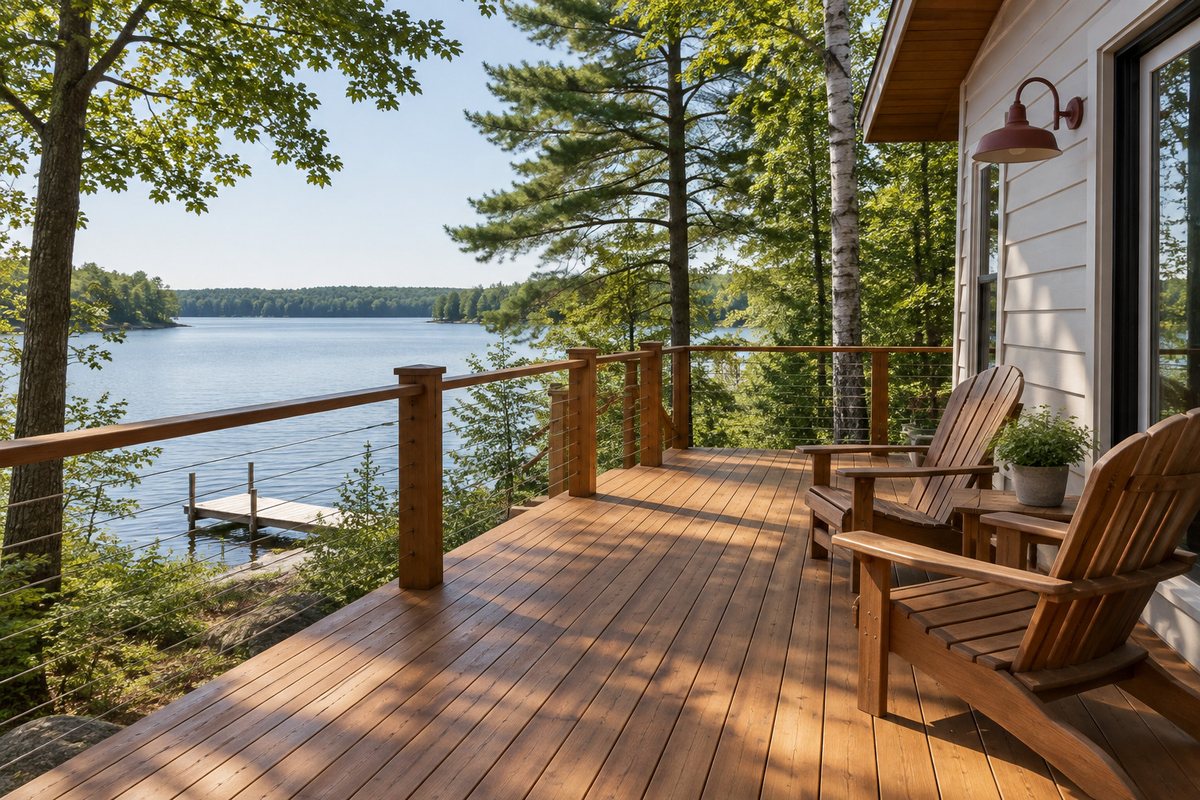 A finished treated-wood deck on a lake cabin with white pine and still water