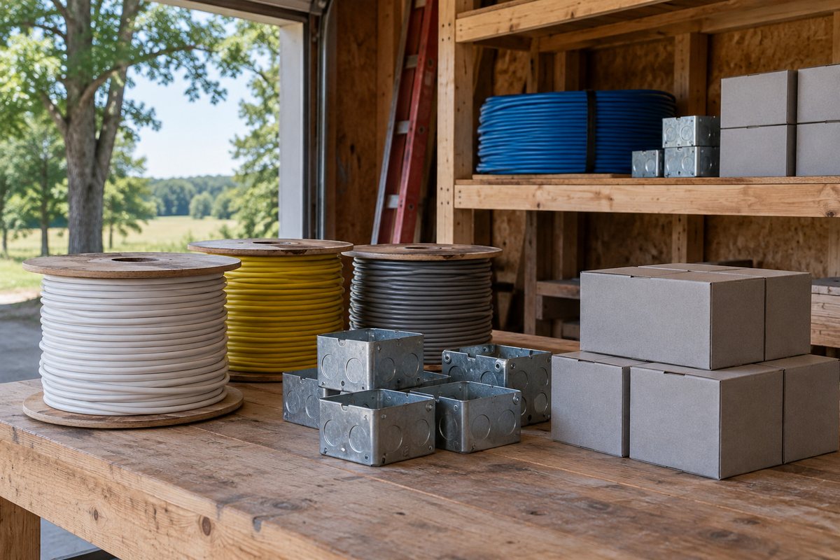 Spools of wire, plain electrical boxes and a coil of blue structured cable on a shelf