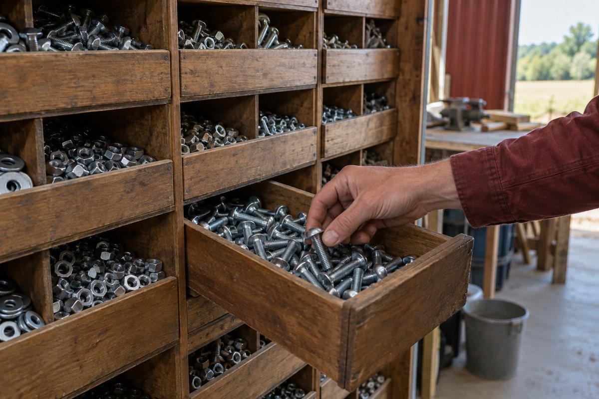 A wall of wooden drawers of loose bolts and nuts, one drawer open, a hand picking a carriage bolt