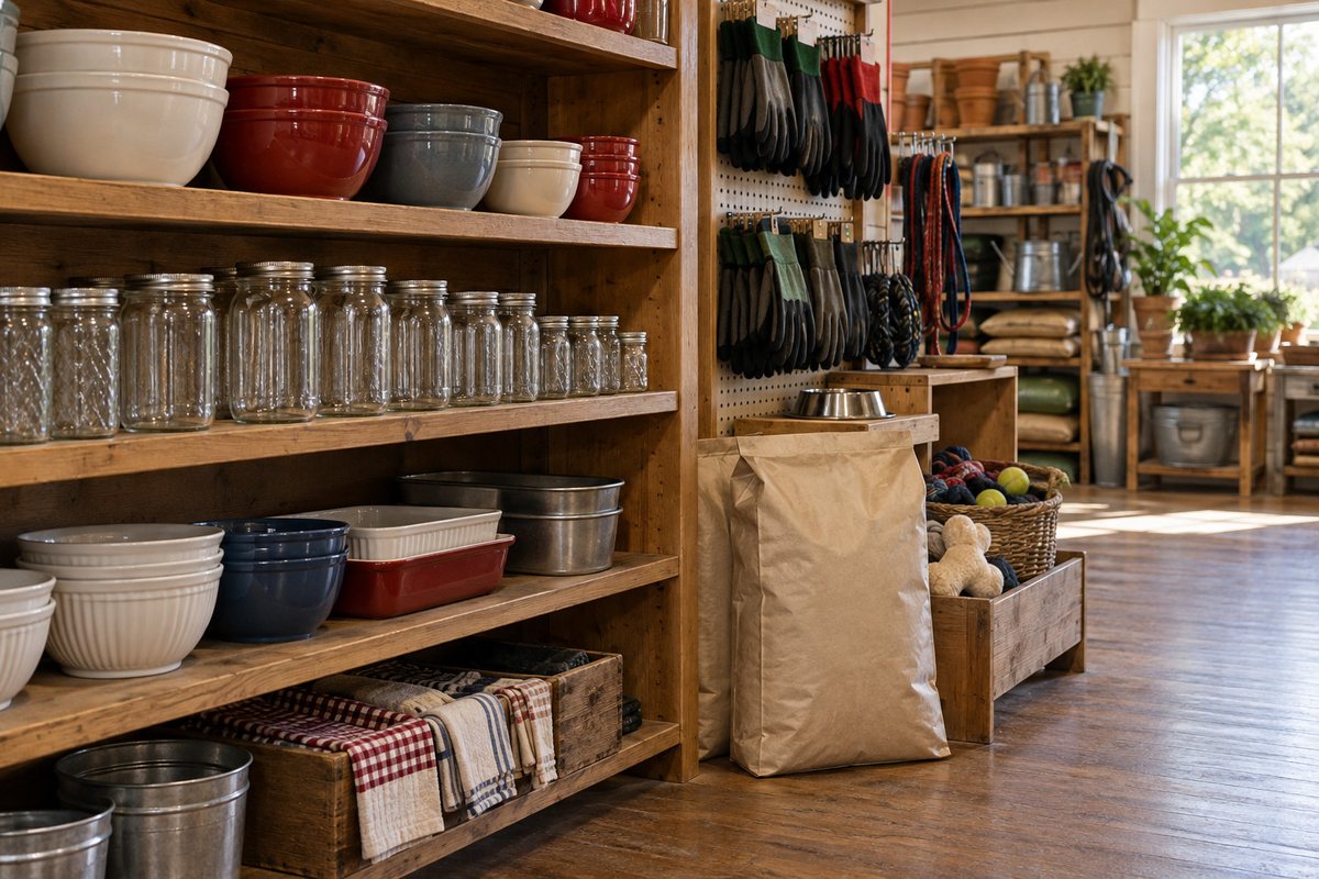 A small-town housewares and pet aisle with canning jars, mixing bowls and plain-bagged dog food