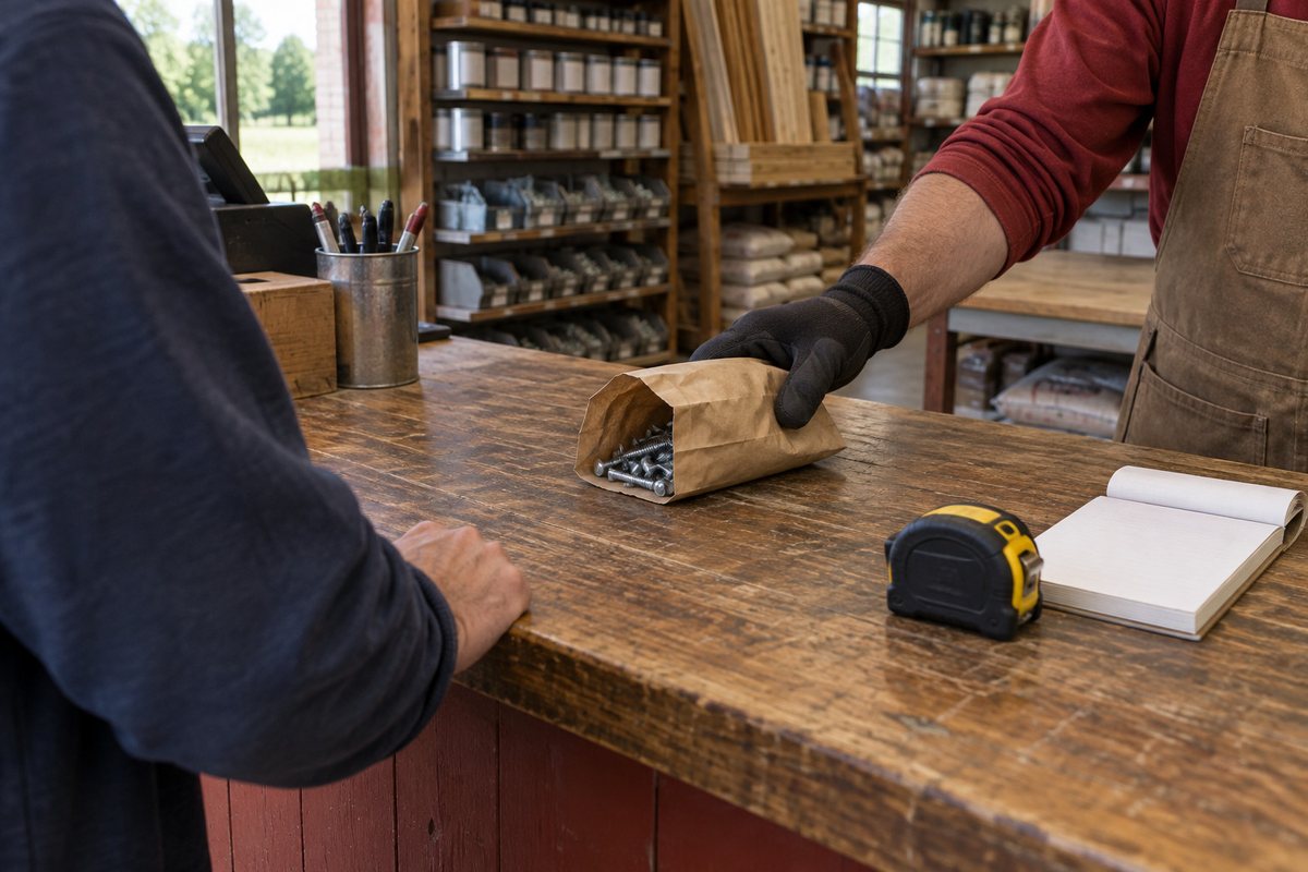 A hand sliding a paper bag of fasteners across a worn wooden hardware counter