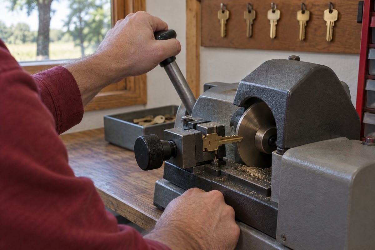 A key duplicating machine at the counter with a brass blank in the clamp