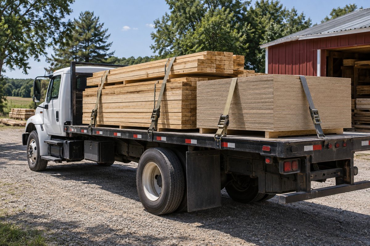 A plain white flatbed loaded with banded lumber and sheet goods, strapped down, parked by the shed