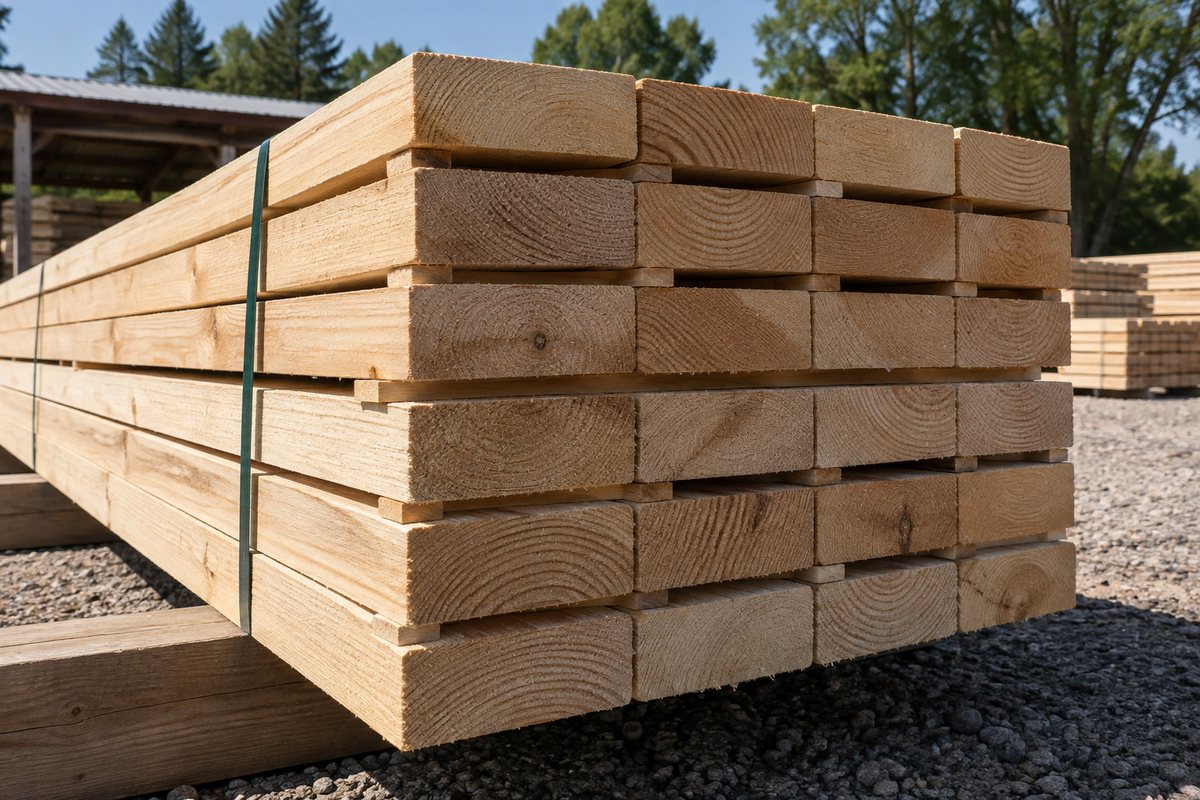 The end of a banded bundle of framing lumber, end grain and stickers in sunlight