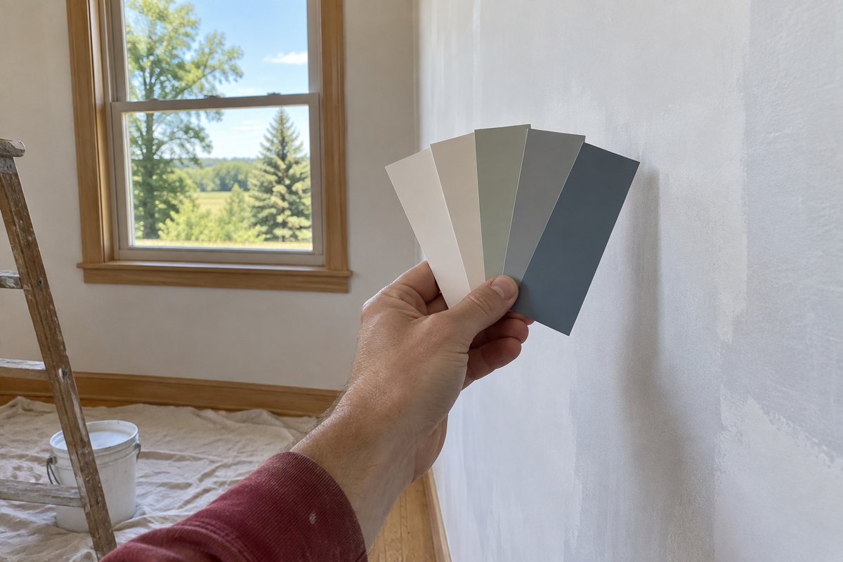 A hand holding a fan of paint chips against a primed wall in window light