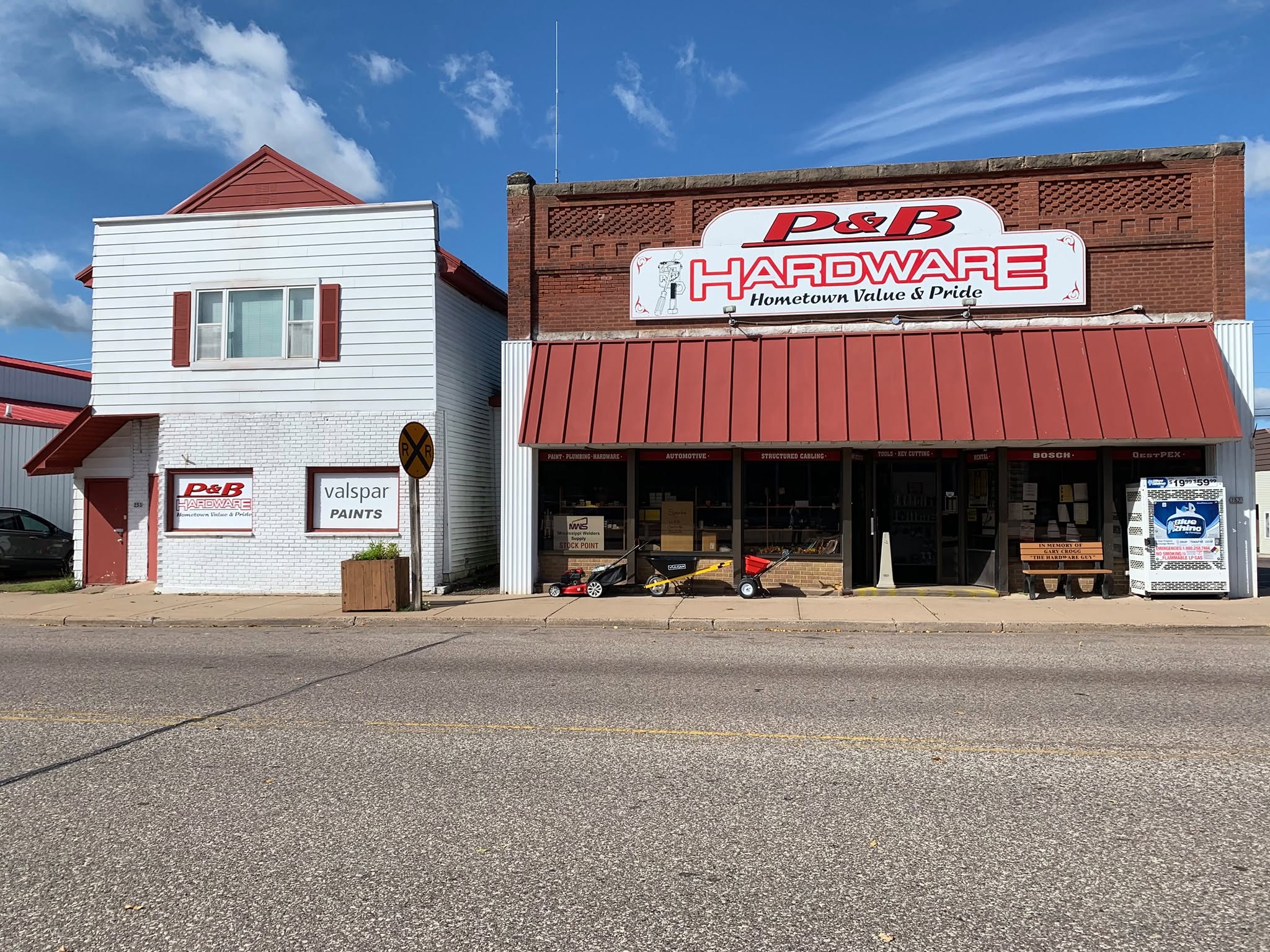 P&B Hardware and P&B Lumber storefronts on North Main Street in Cadott, Wisconsin