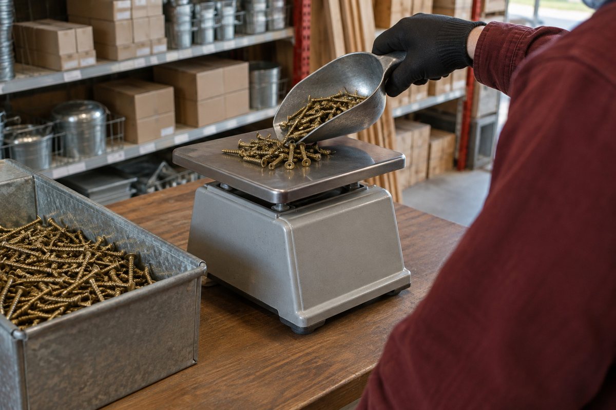 A countertop scale weighing a scoop of deck screws beside the bin